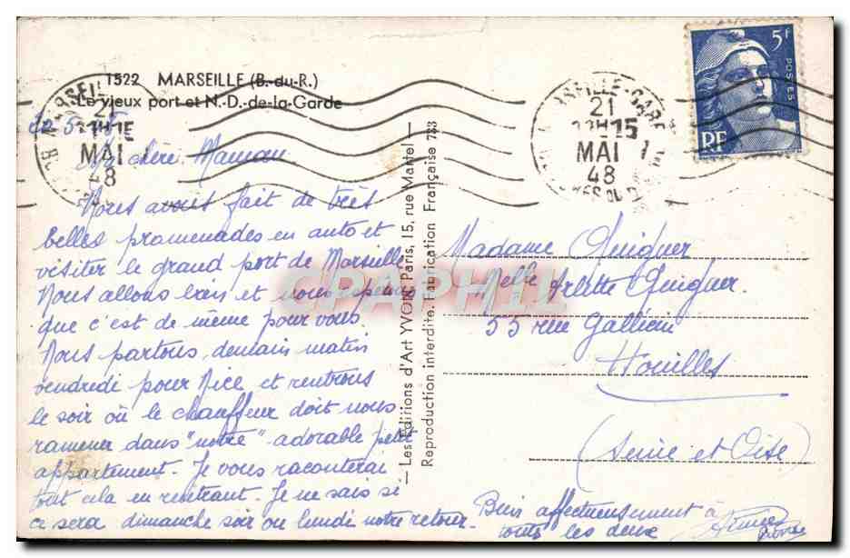 CPA Marseille Le Vieux Port et ND de la Garde Bateaux — Verso