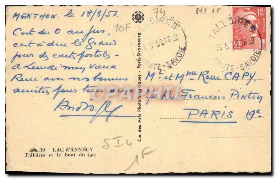 CPA Lac D'Annecy Talloires Et Le Bout Du lac — Verso