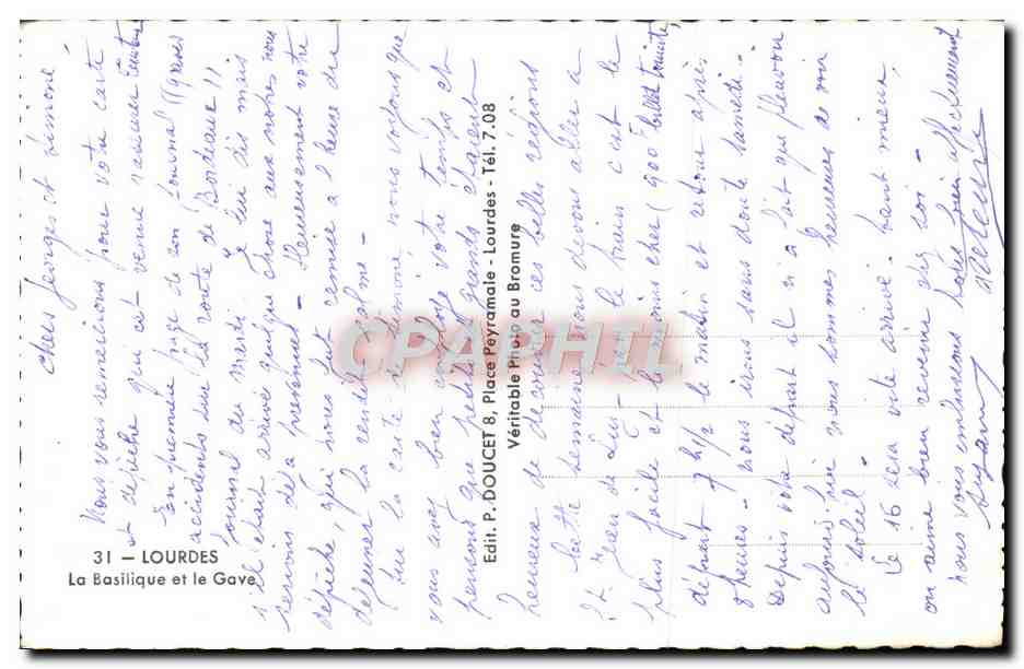 CPA Lourdes La Basilique et le Gave — Verso