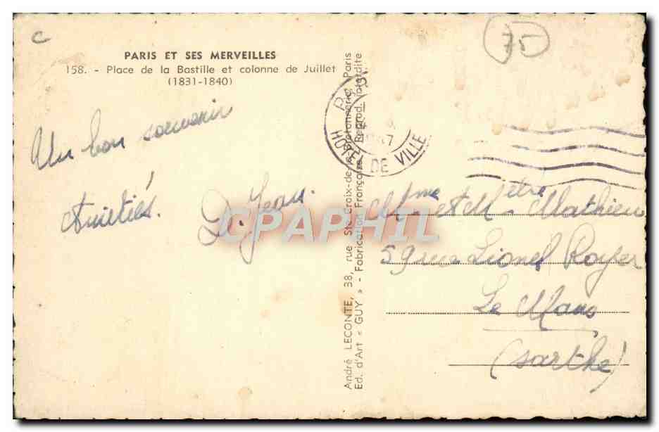 CPA Paris Et Ses Merveilles Place de la Bastille et Colonne de Juillet — Rückseite