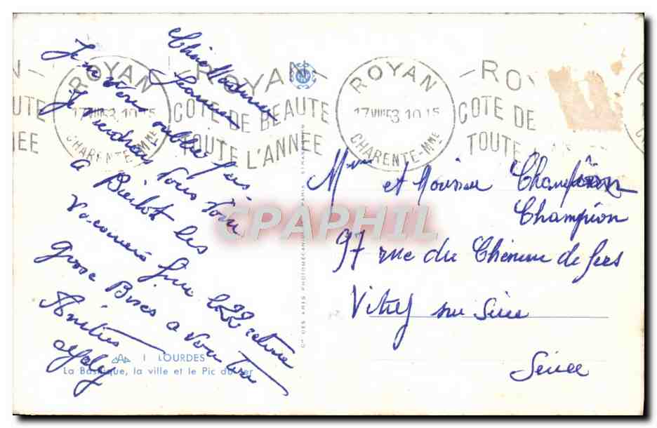 CPM Lourdes La Basilique la Ville et le Pic du Jer — Verso