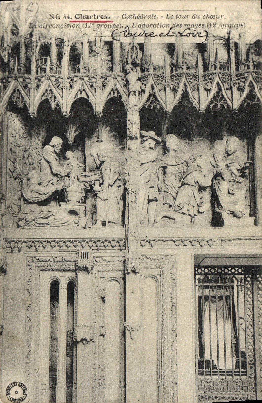 Chartres — Kathedrale. Der Chorweg. Die Beschneidung (11. Gruppe) und die Anbetung der Weisen (12. Gruppe) — Bure und Loir