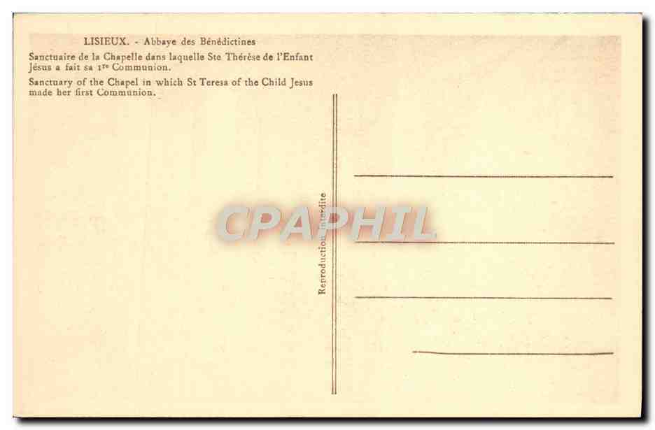CPA Lisieux Abbaye des Benedictines Sanctuaire de la chapelle dans laquelle Ste Therese de l'Enfant Jesus communion — Verso