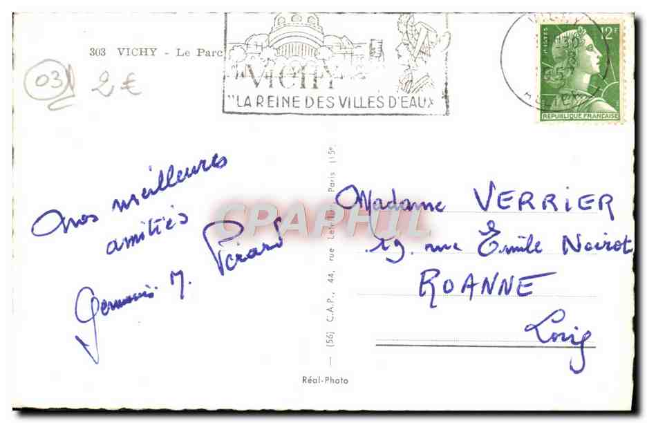 CPM Vichy Le parc Sygn — Verso