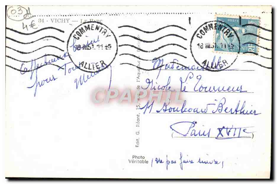 CPA Vichy Le Parc — Verso