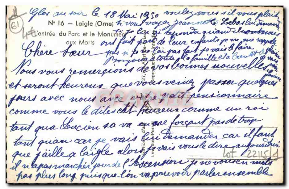 CPM Laigle L'entree Du Parc Et Le Monument Aux Morts — Rückseite