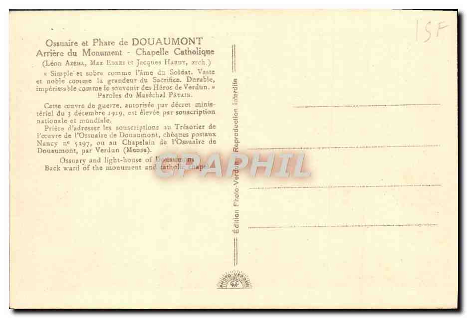 Ossuaire et Phare de DOUAUMONT — Arrière du Monument - Chapelle Catholique — Édition Photo-Verdun — Verso