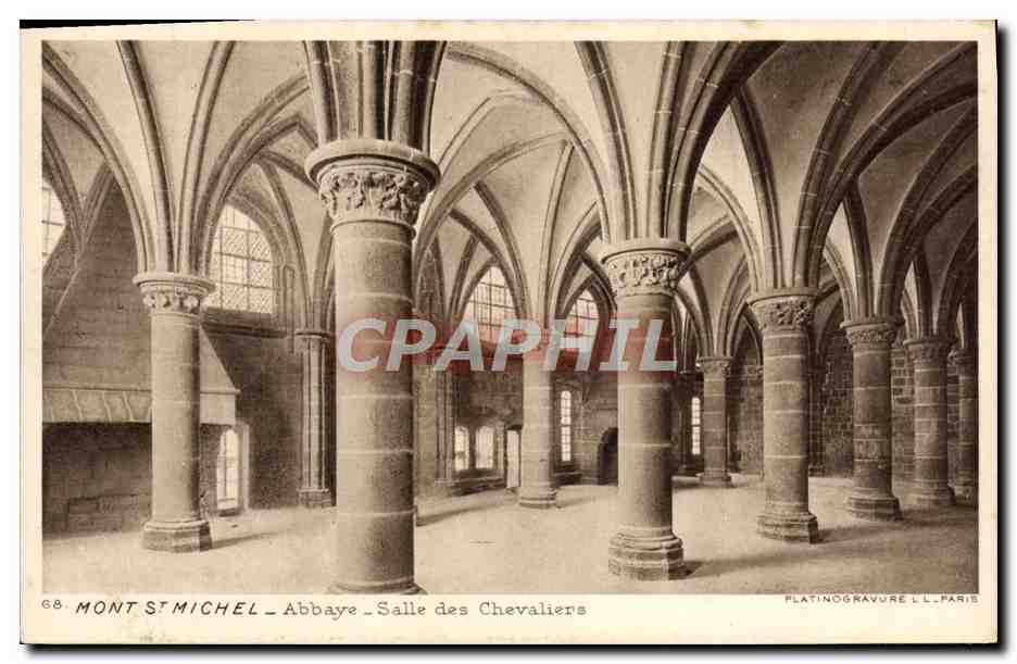Mont Saint-Michel — Abbaye — Salle des Chevaliers — Platinogravure L. L. Paris, n°68