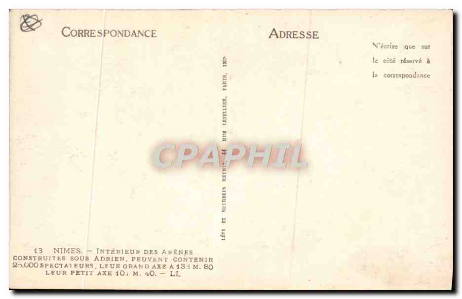 Nîmes — Intérieur des Arènes — Éditeur Lévy & Neudela, Paris — Rückseite