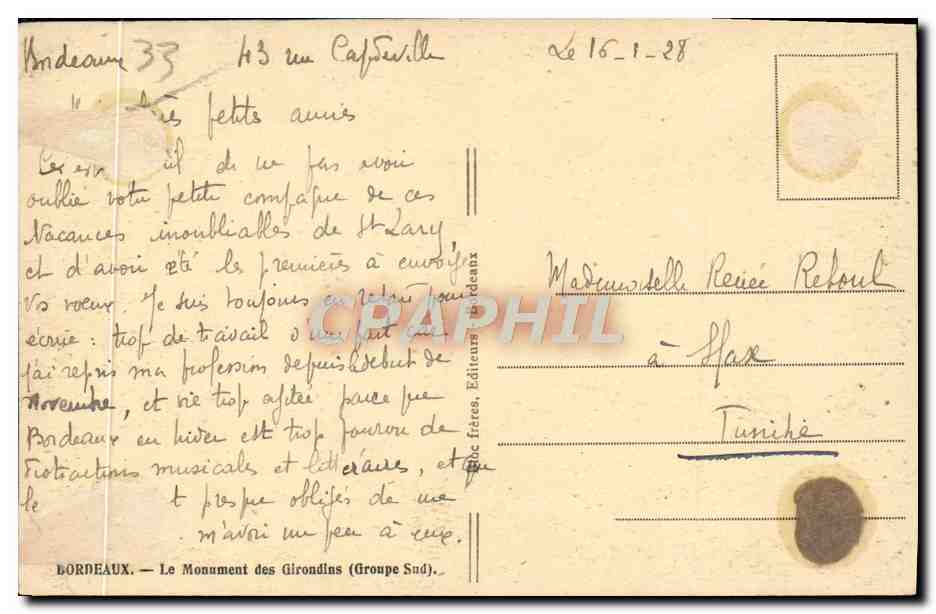 CPA Bordeaux Le Monument Des Girondins — Verso