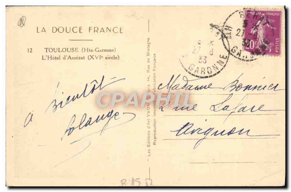 CPA Toulouse L'Hotel D'Assezat — Rückseite