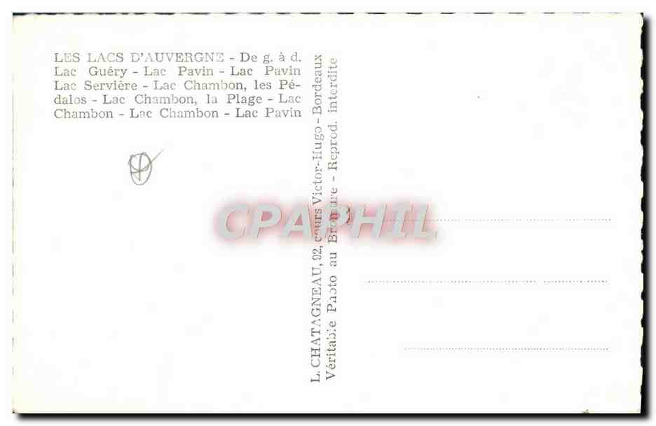 The Lakes of Auvergne — panoramic view — L. Chatagneau, 92, cours Victor Hugo, Bourgoin-Jallieu — Back