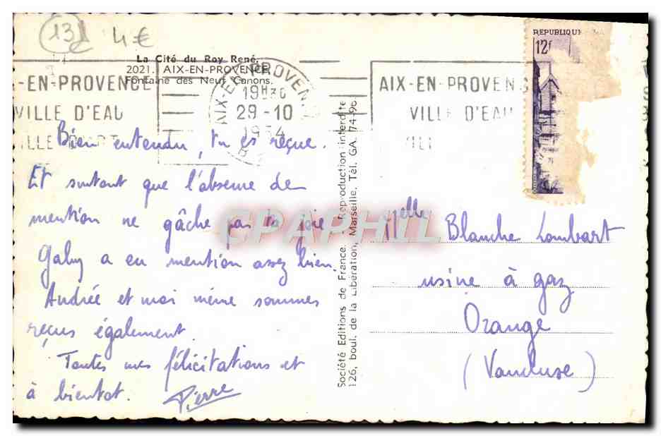Fontaine des Neuf Canons — Aix-en-Provence — Société Éditions de la Libération — Rückseite