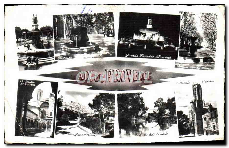 Aix-en-Provence — Collage de sites (fontaines, cathédrale, pont) — Éditeur inconnu, n° de série non visible