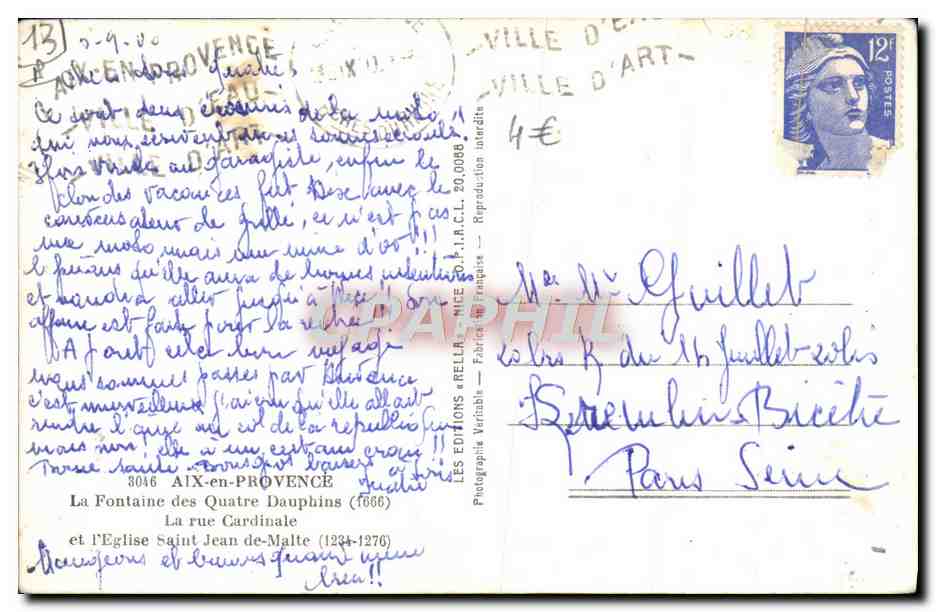 CPM Aix En Provence La Fontaine Des Quatre Dauphins La Rue Cardinale et l'eglise Saint Jean de Malte — Rückseite