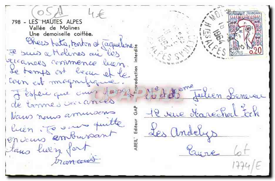 CPM Les Hautes Alpes Vallee De Molines Une Demoiselle Coiffee — Verso