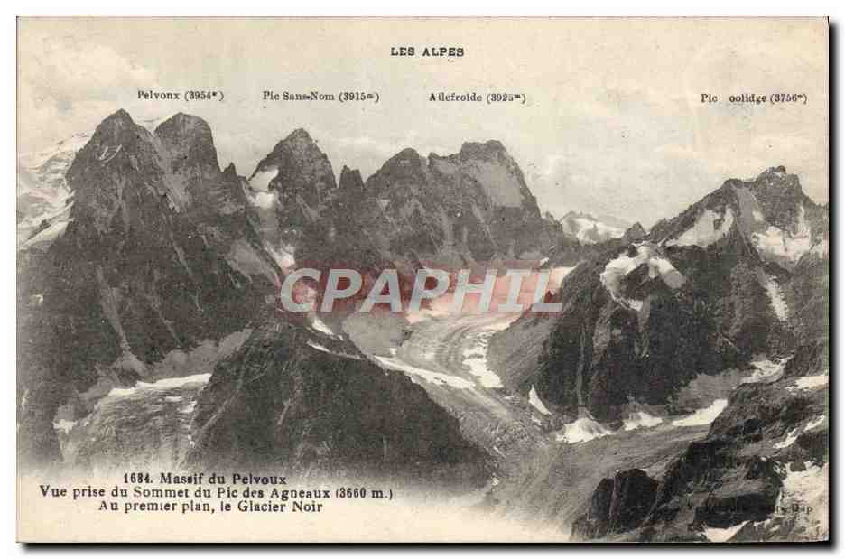 Massif du Pelvoux — Vue prise du Sommet du Pic des Agneaux (3660 m.) — Au premier plan, le Glacier Noir