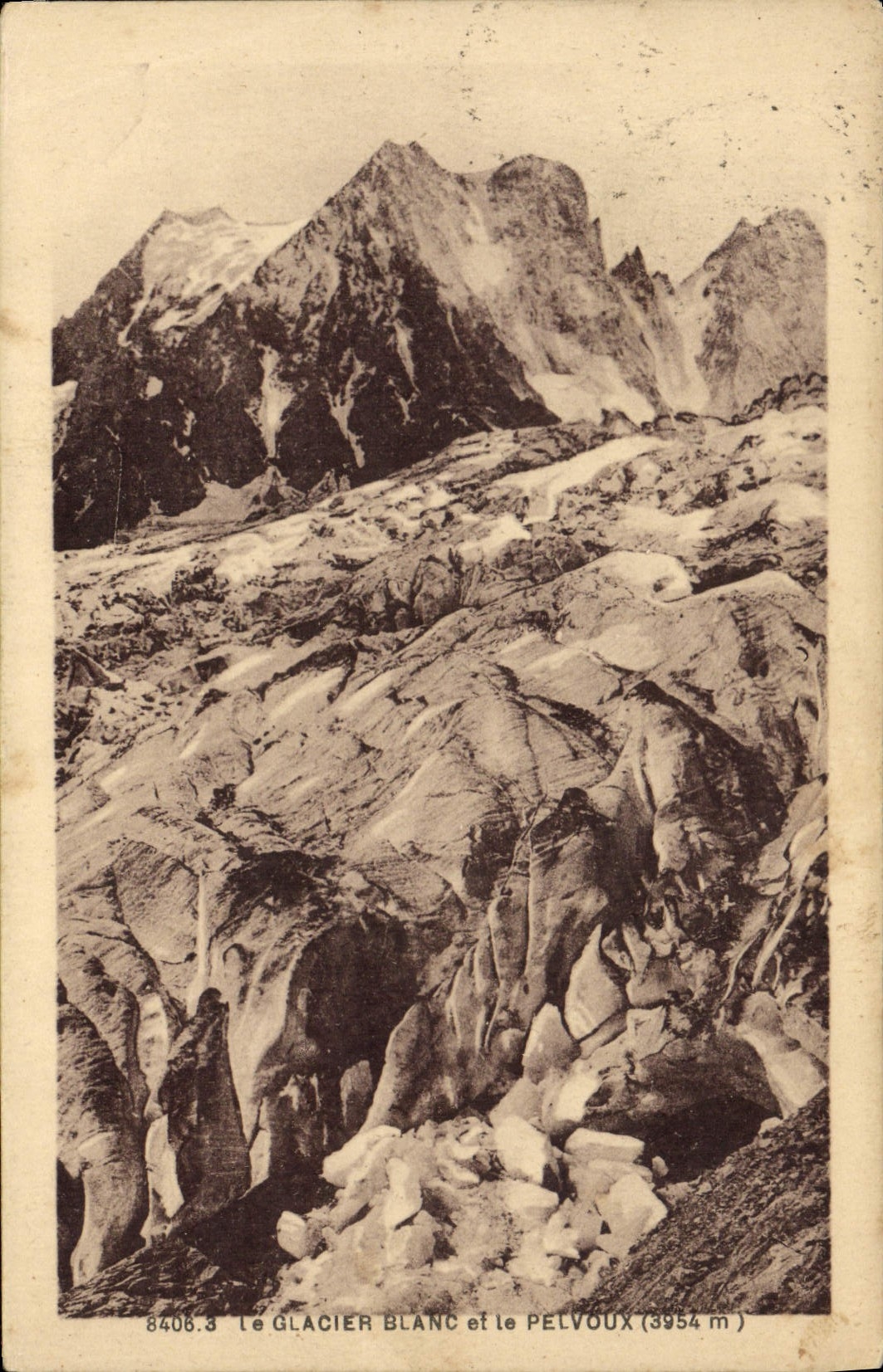 Le Glacier Blanc et le Pelvoux (3954 m) — carte postale n° 8408.3 — éditeur A. Hourlier, Grenoble