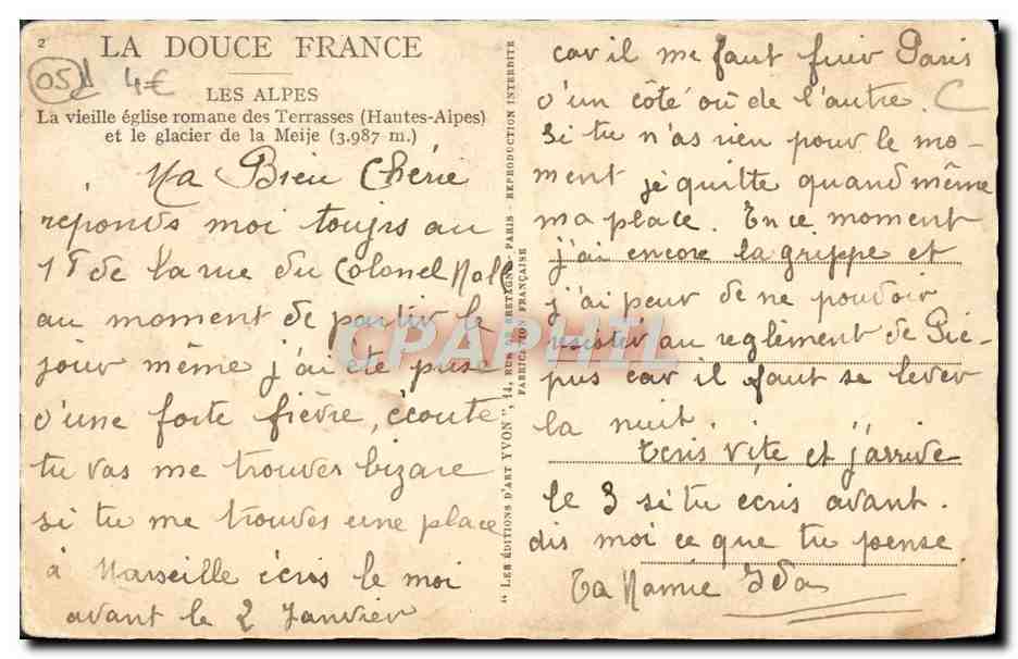 La vieille église romane des Terrasses — Les Alpes — Éditeur Yvon, n°2 — Verso