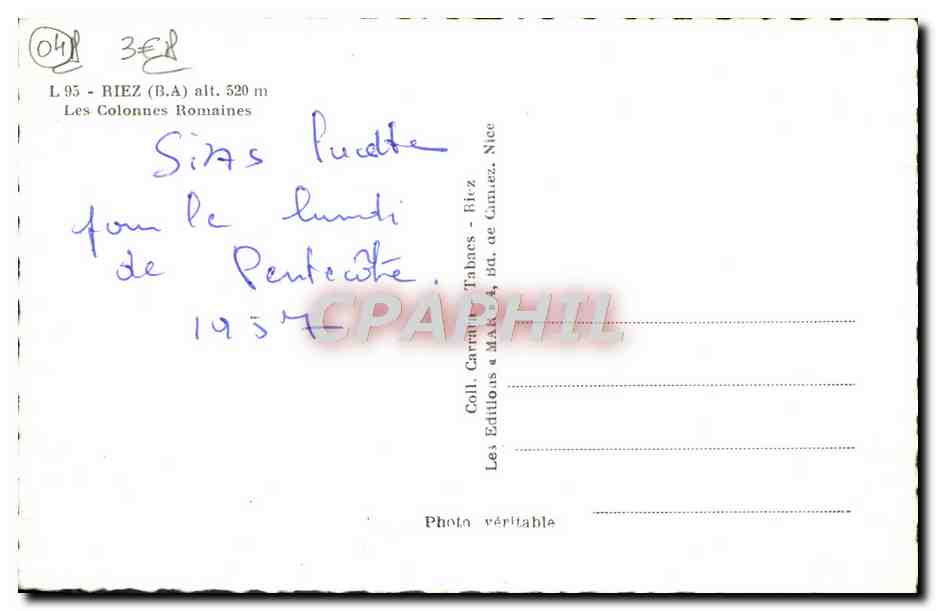 CPM Riez Les Colonnes Romaines — Verso