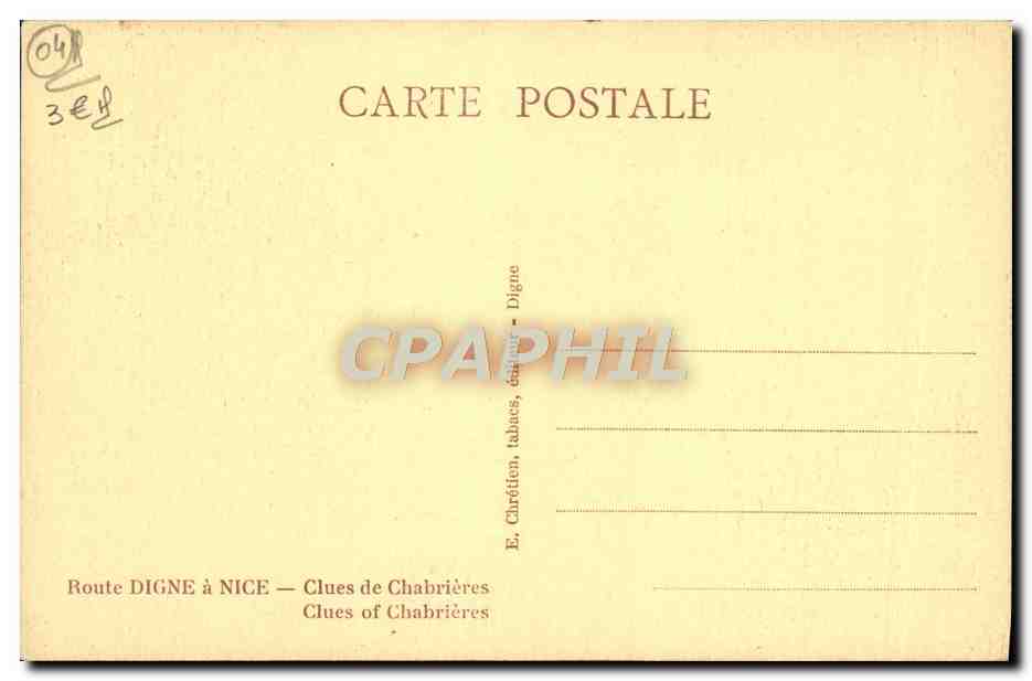 Clues de Chabrières — Route Digne à Nice — Éditeur E. Chrétien, talavas, édit. - Digne — Verso