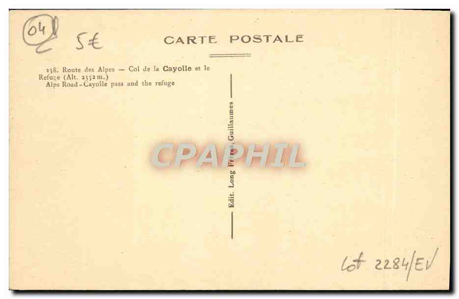 CPA Route des Alpes Col de la Cayolle et le Refuge — Rückseite