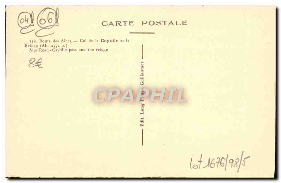 CPA Route des Alpes Col de la Cayolle et le Refuge — Rückseite