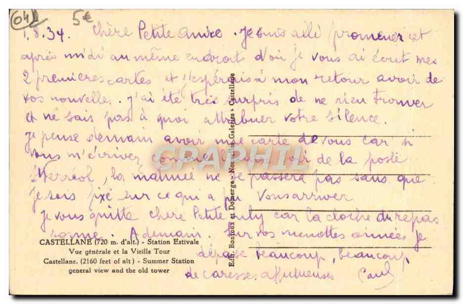 CPA Castellane Station Estivale Vue Generale et la Vieille Tour — Rückseite