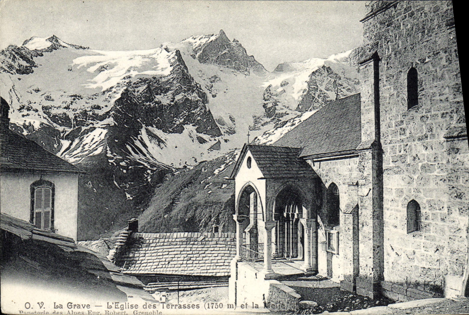La Grave — L'Église des Terrasses (1750 m) et la Meije — Panoramic des Alpes Eug. Robert, Grenoble