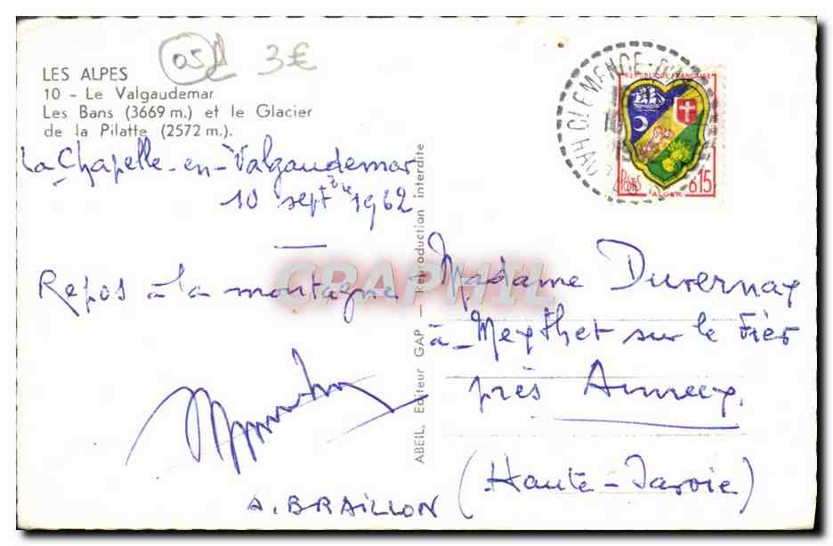 CPM Les Alpes Le Valgaudemar Les Bans Et Le Glacier de la Pilatte — Rückseite
