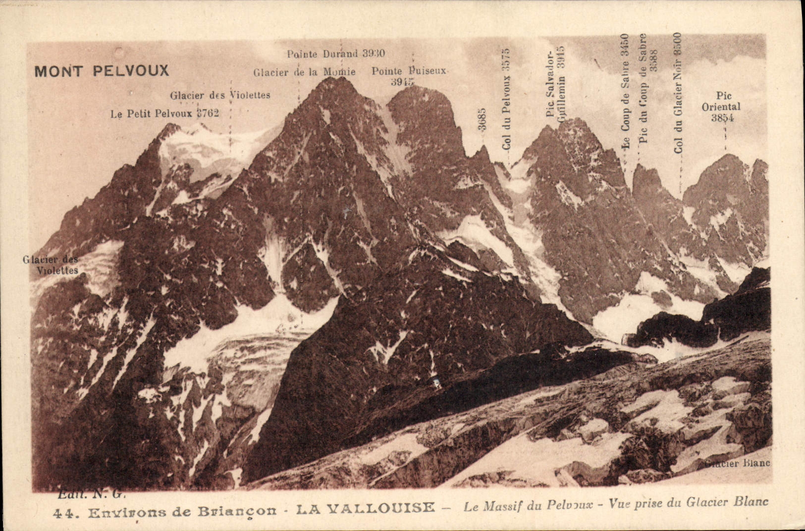 Mont Pelvoux — Vue prise du Glacier Blanc — Éd. N.G. n°44