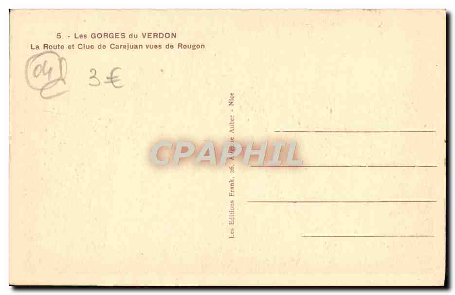 CPA Les Gorges Du Verdon La route et clue de Carejuan vues de Rougon — Verso