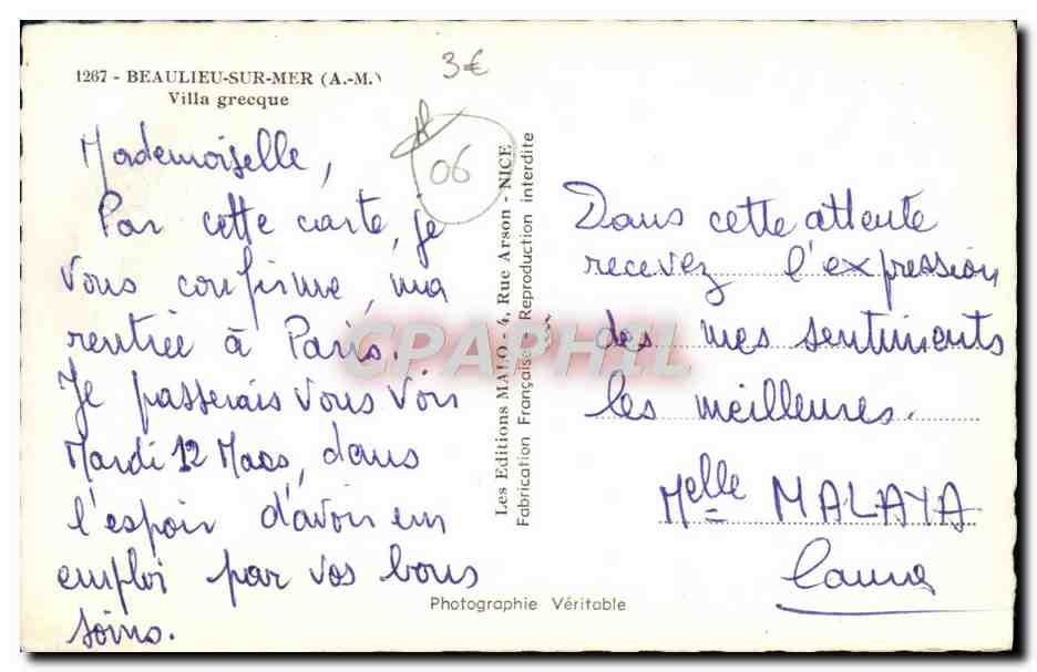 CPA Beaulieu Sur Mer Villa Grecque — Verso