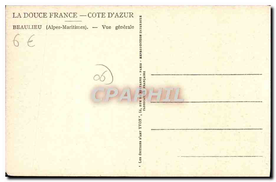 CPA Beaulieu Sur Mer Vue Generale — Rückseite
