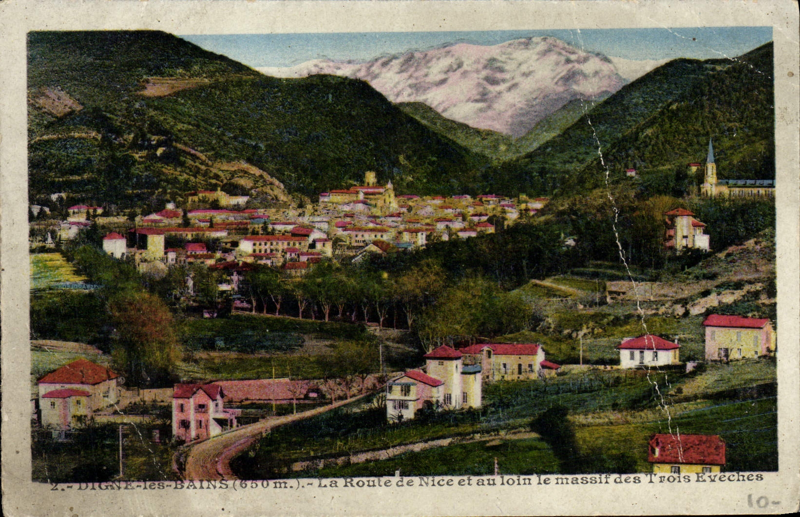 Cartolina d'epoca Digne Les Bains La strada per Nice e in lontananza il massiccio delle Tre Vedove