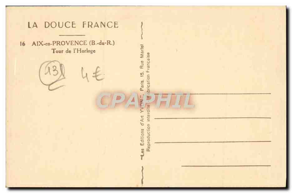 Aix-en-Provence — Tour de l'Horloge — Éditions d'Art Yvon — Verso