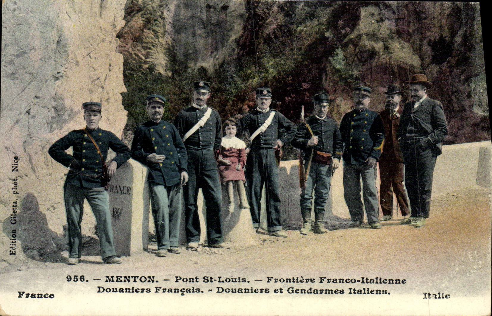 Menton - Pont St-Louis - Frontière Franco-Italienne - Douaniers Français et Gendarmes Italiens — Édition Giletta, Nice, n° 956