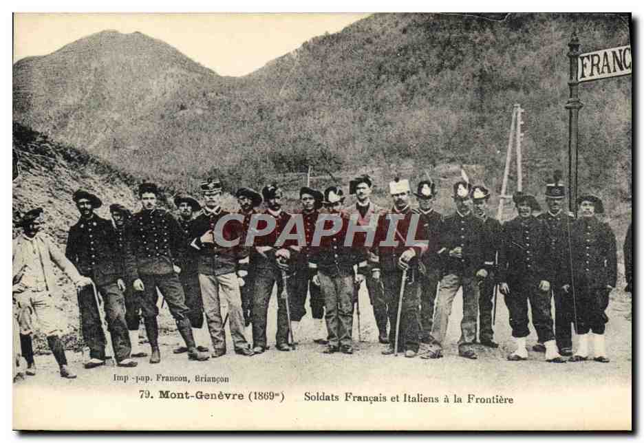 Soldats Français et Italiens à la Frontière — Mont-Genèvre (1869) — Imp. pap. Francon, Briançon