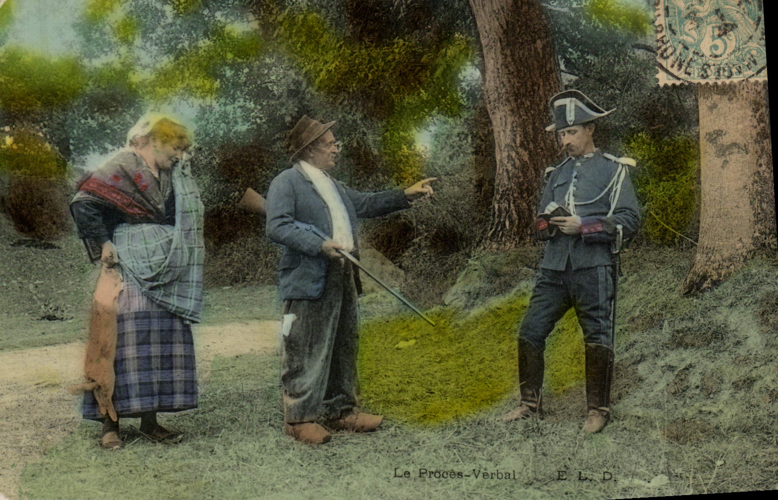 Scène de procès-verbal — soldat, homme et femme en paysage — E.L.D.