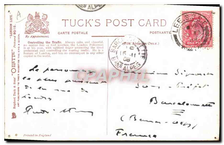 London Life — Contrôlant le trafic — Raphael Tuck & Sons — Verso