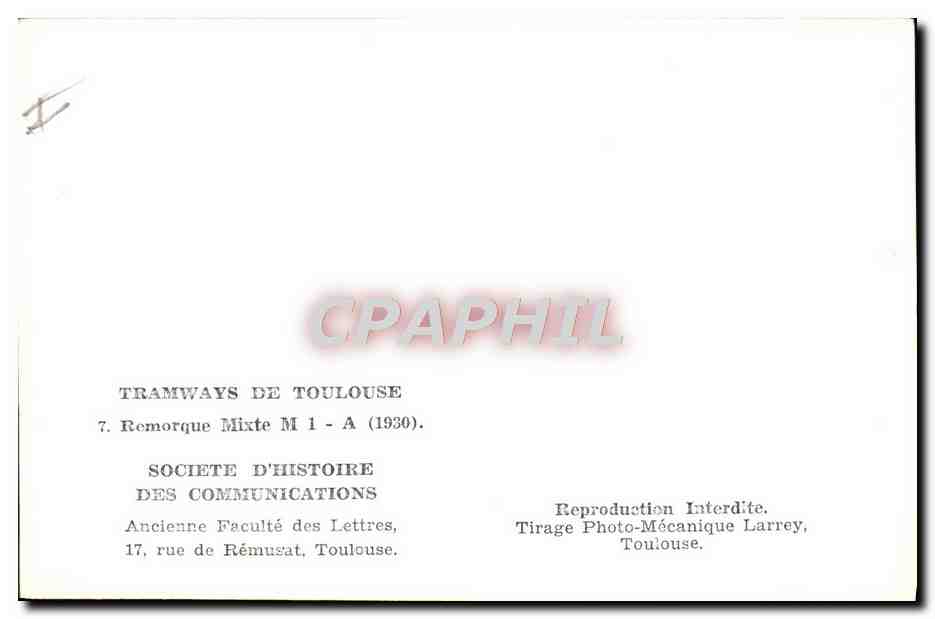CPM Tramway de Toulouse remorque mixte M 1 A — Rückseite