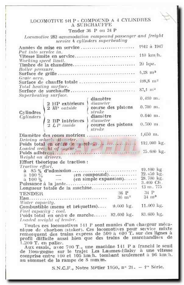 CPM Train Locomotive 141 P Compound a 4 cylindres a surchauffe — Rückseite