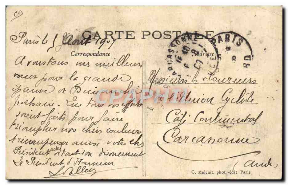 Radfahrer — Paris, 1. August 1909 — F. FABER, C.M. — Rückseite