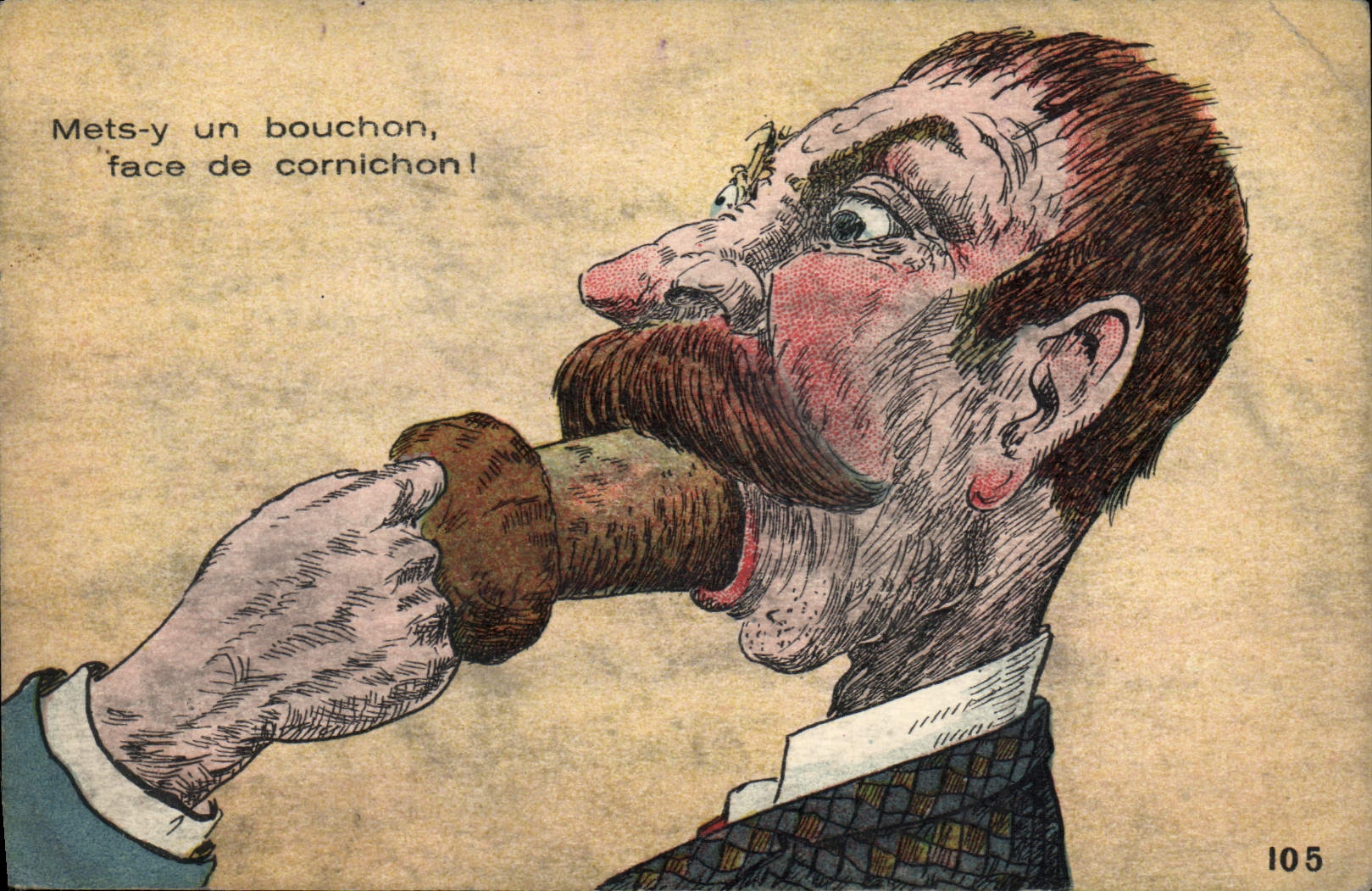 Caricature d'un homme avec un cornichon — éditeur Ardaud et Nozais, Nantes, n° 105