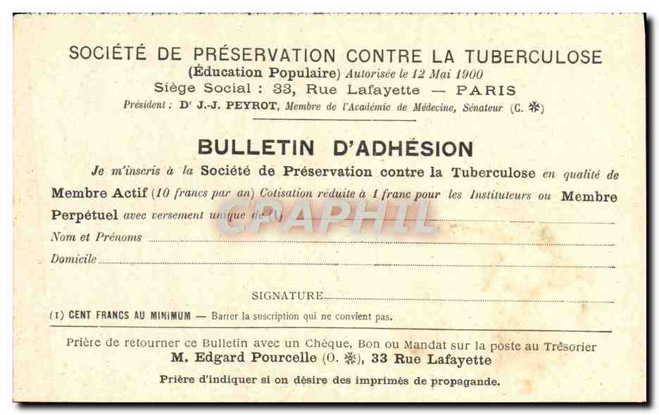 Société de Préservation contre la Tuberculose — Bulletin d'adhésion — Paris
