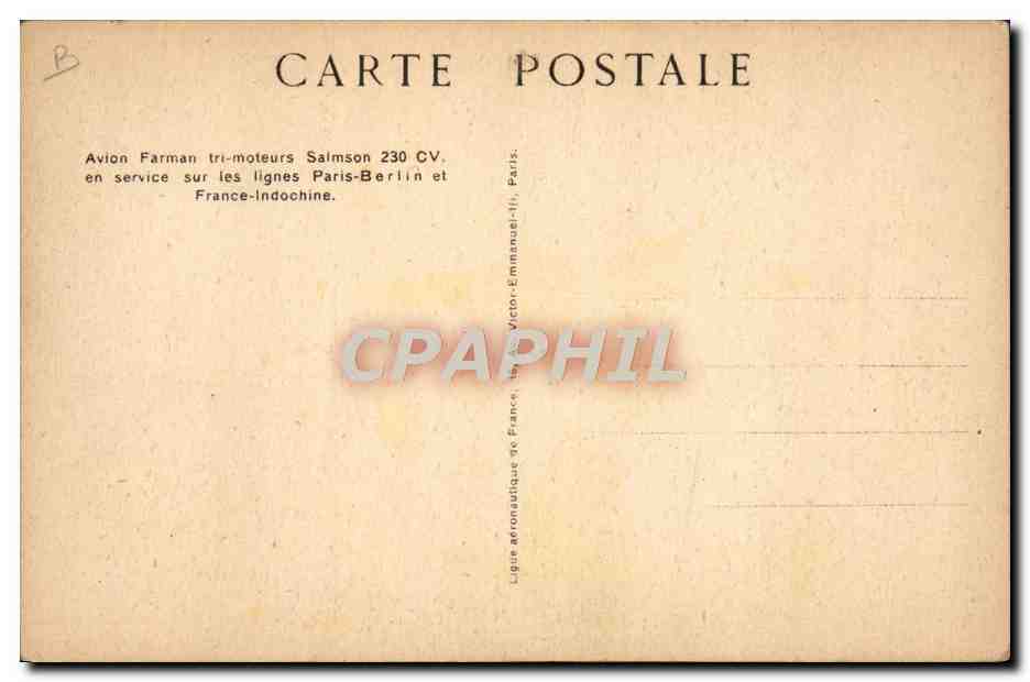 CPA Aviation Avion Farman tri moteurs Salmson 230 CV Ligne Paris Berlin France Indochine  — Verso