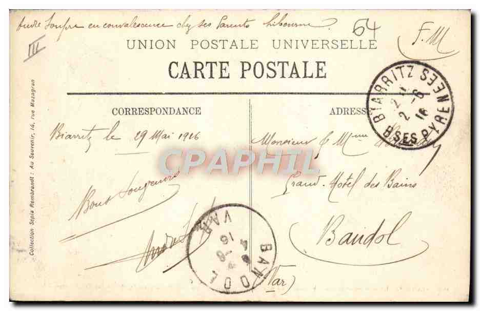 CPA Bateau Biarritz Le navire suedois Padora en perdition devant la grande plage 14 decembre 1907 — Verso