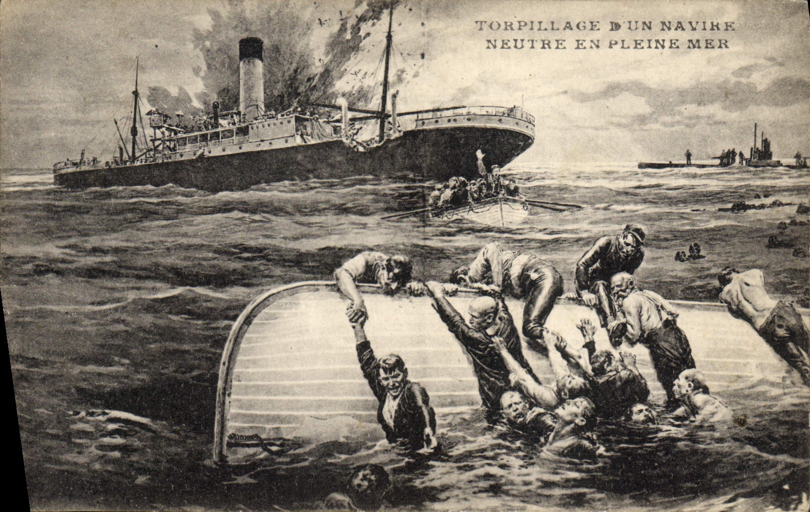 CPA Bateau Torpillage d'un navire neutre en pleine mer