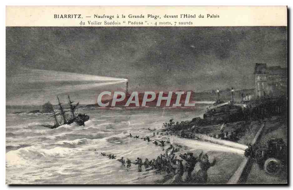 Biarritz — Naufrage à la Grande Plage, devant l'Hôtel du Palais du Voilier Suédois "Padosa" — 4 morts, 7 sauvés