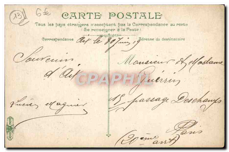 Aix-en-Provence — Le Cours Mirabeau — L.V. & Cie, n° 2623 — Verso